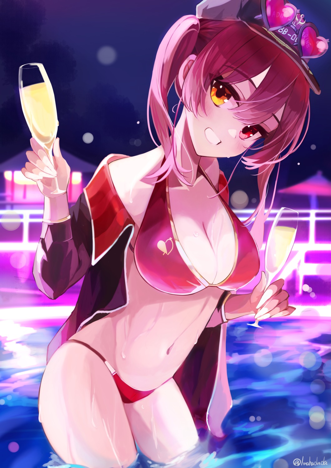 bikini, heterochromia, hololive, houshou_marine, iwahada, megane, open_shirt, swimsuits