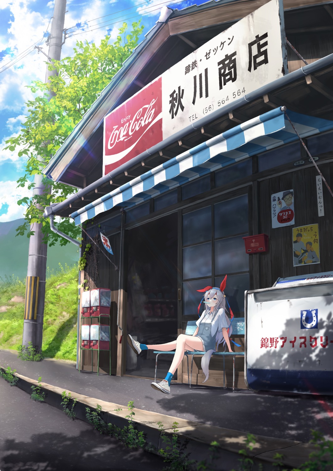 amanun, animal_ears, landscape, overalls, tail, tamamo_cross_(umamusume), uma_musume_pretty_derby