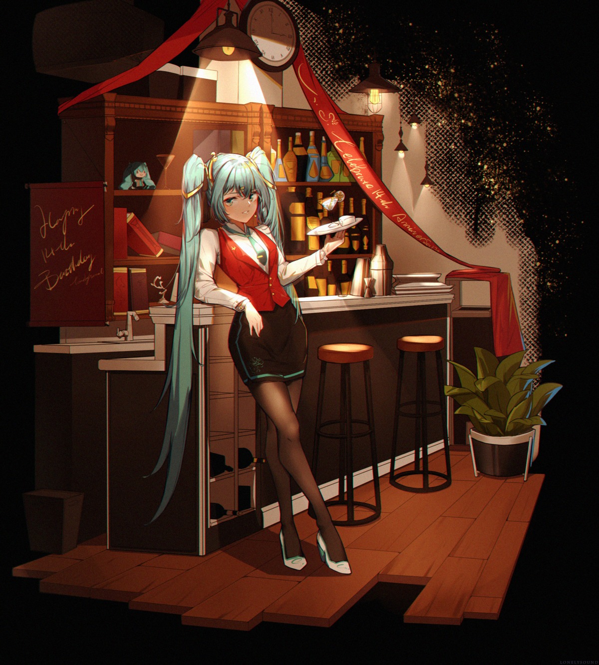 hatsune_miku, heels, pantyhose, rzx0, vocaloid, waitress