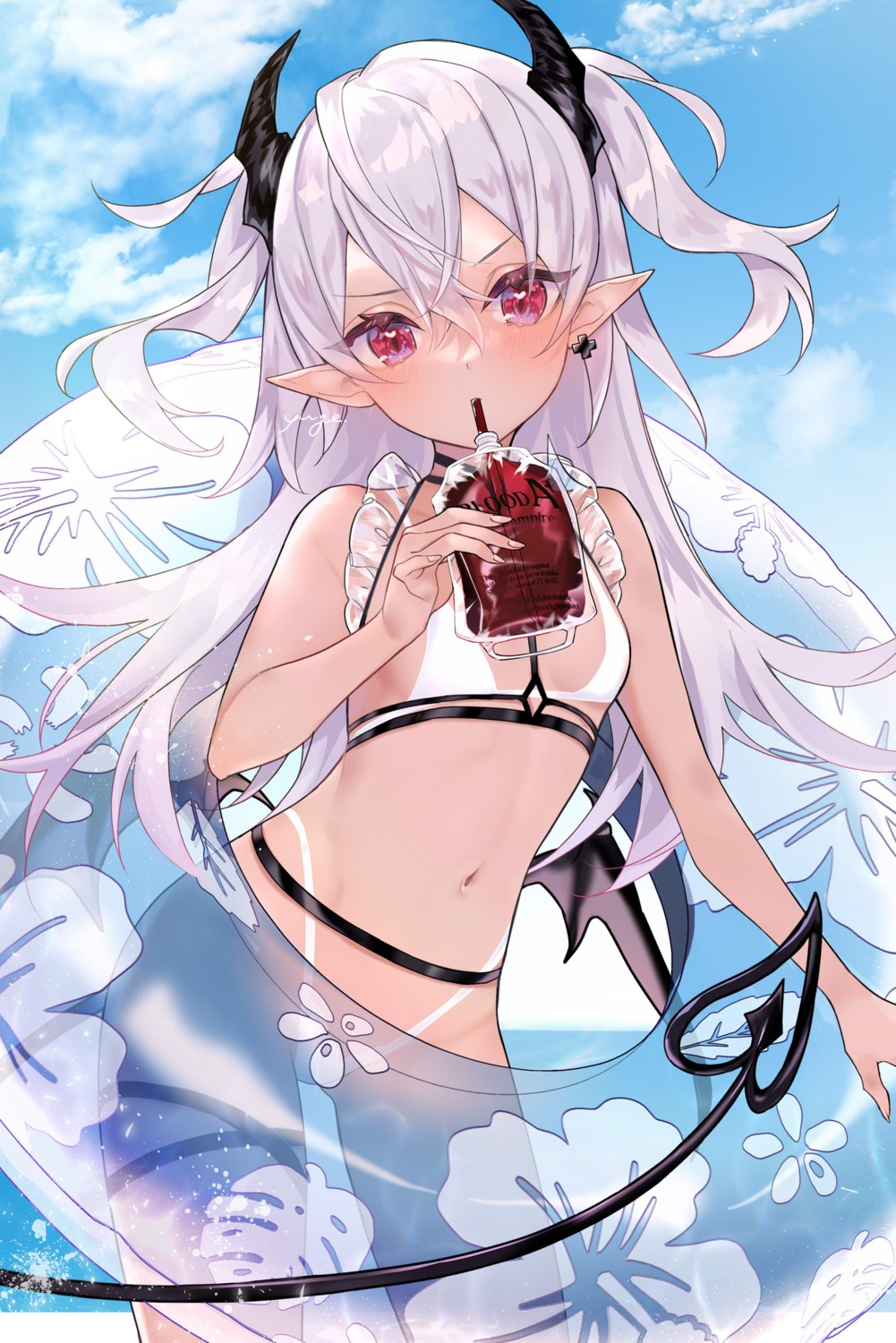 bikini, blood, garter, horns, pointy_ears, see_through, swimsuits, tan_lines