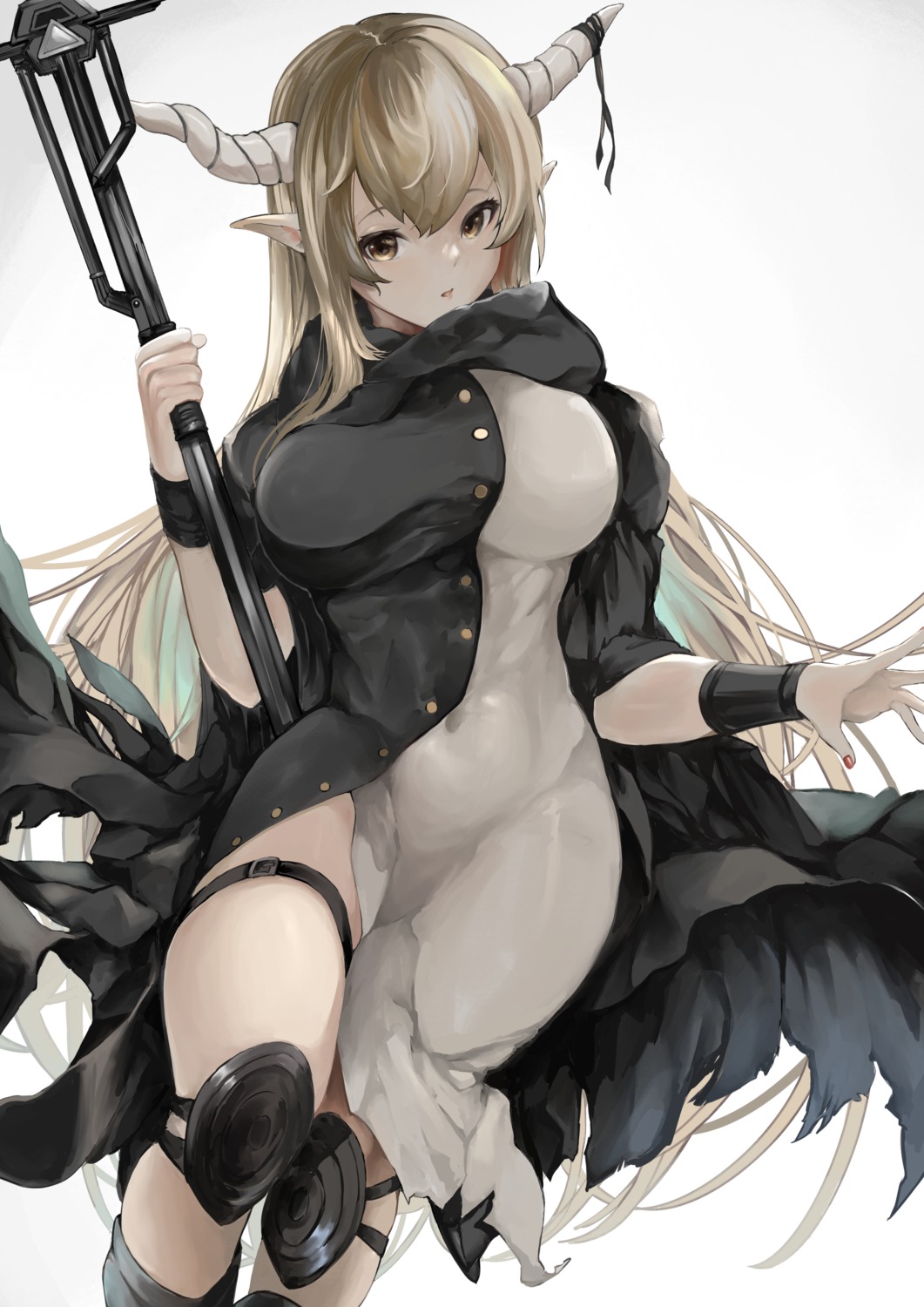 arknights, dress, garter, horns, kajuu, pointy_ears, shining_(arknights), weapon