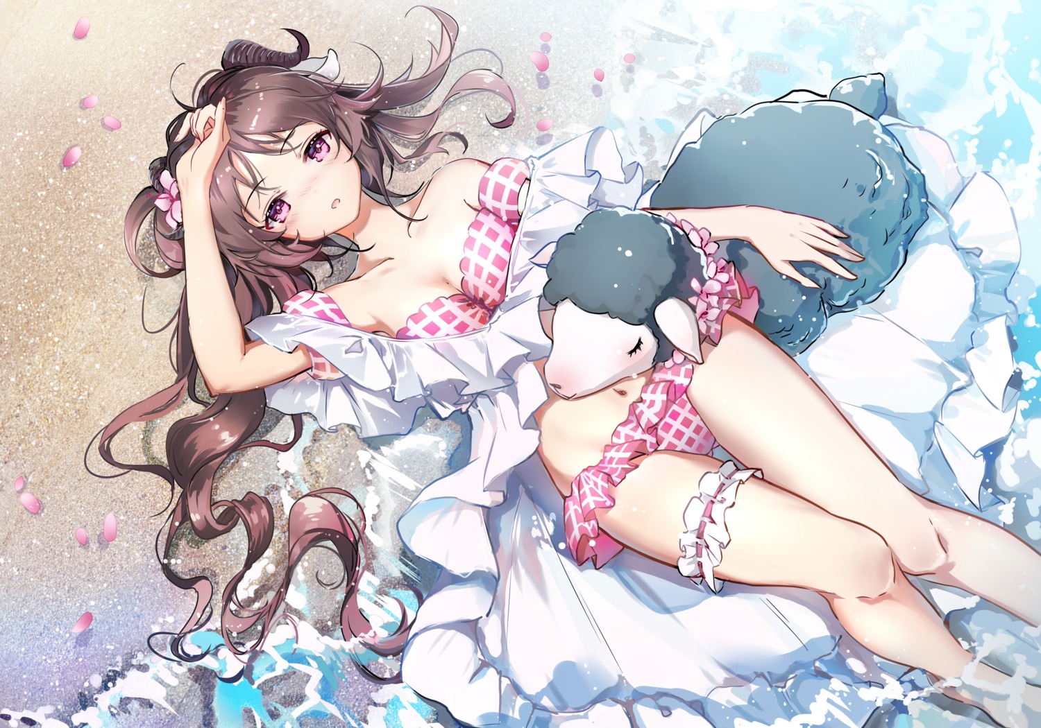 animal_ears, arknights, bikini, eyjafjalla_(arknights), garter, horns, morimori_(14292311), open_shirt, swimsuits, wet
