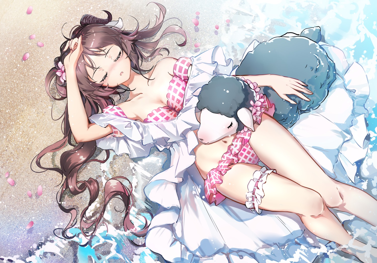 animal_ears, arknights, bikini, eyjafjalla_(arknights), garter, horns, morimori_(14292311), open_shirt