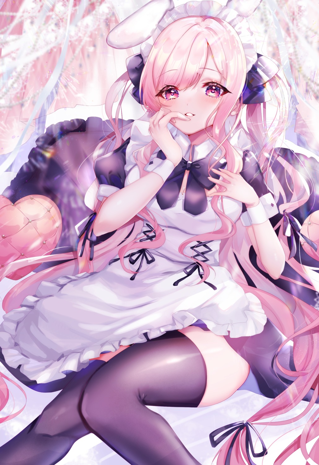 animal_ears, bunny_ears, maid, momongapoketto, skirt_lift, thighhighs