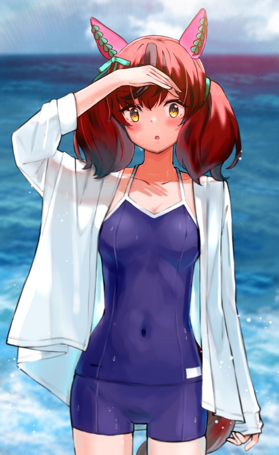 animal_ears, cleavage, mizusaki_rain, nice_nature_(umamusume), school_swimsuit, see_through, swimsuits, tail, uma_musume_pretty_derby