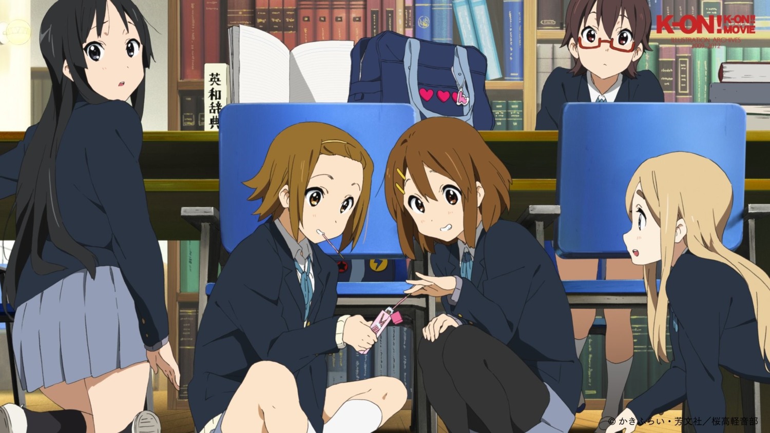 akiyama_mio, hirasawa_yui, k-on!, kamoi_tomoyo, kotobuki_tsumugi, manabe_nodoka, megane, pantyhose, seifuku, tainaka_ritsu, wallpaper