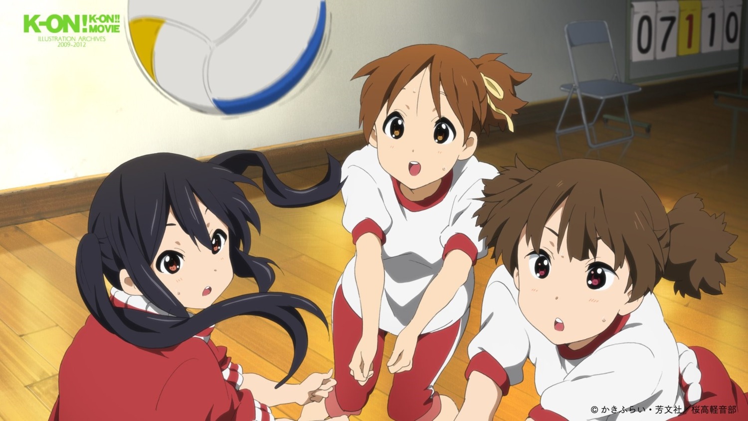 gym_uniform, hirasawa_ui, k-on!, nakano_azusa, suzuki_jun, urata_yoshinori, wallpaper