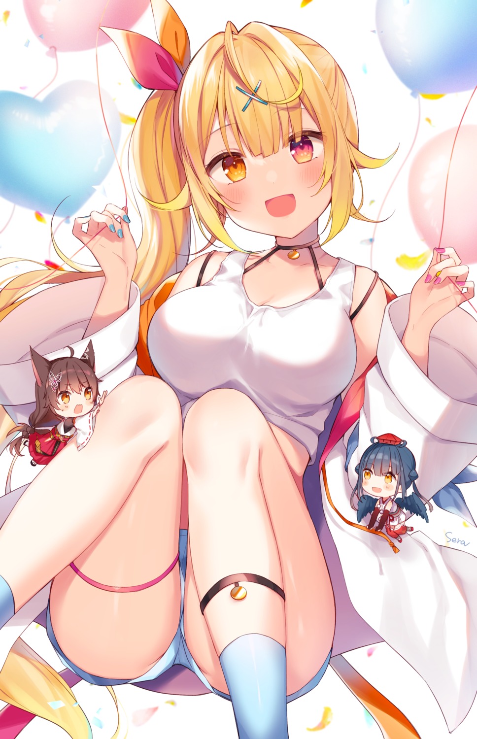 animal_ears, chibi, fumi_(nijisanji), garter, heterochromia, hoshikawa_sara, nijisanji, shiino_sera, wings, yamagami_karuta