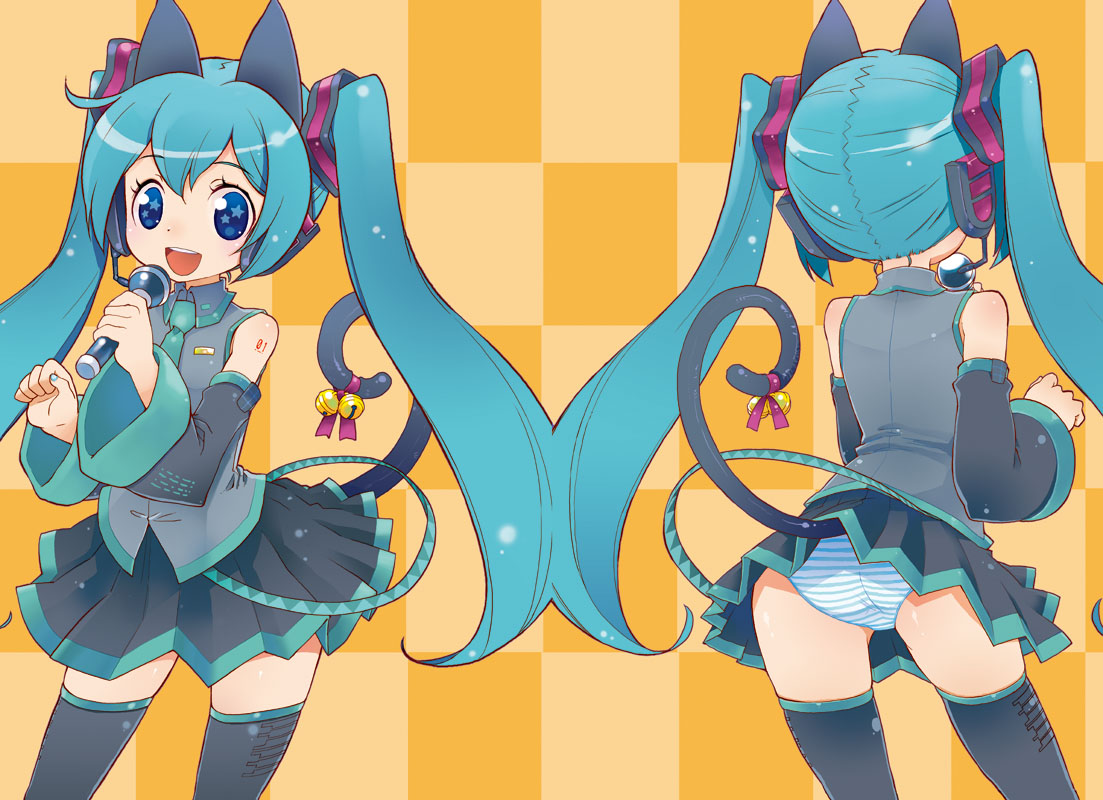 akitsu, animal_ears, hatsune_miku, nekomimi, pantsu, shimapan, tail, thighhighs, vocaloid