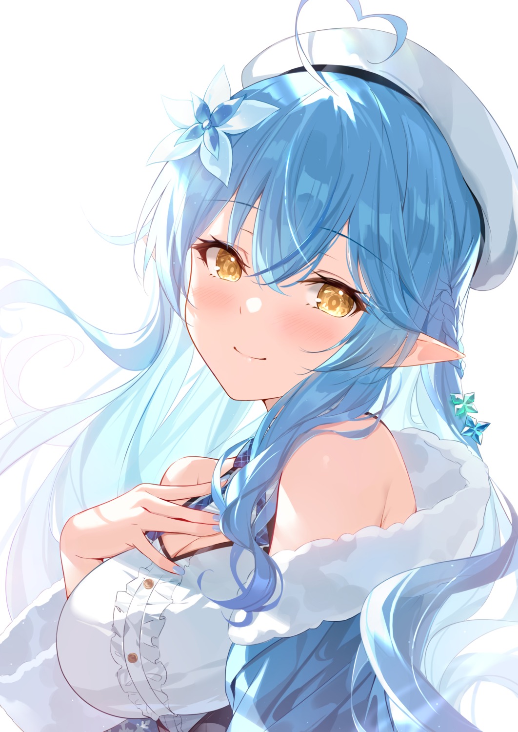 black_fire, cleavage, elf, hololive, pointy_ears, yukihana_lamy