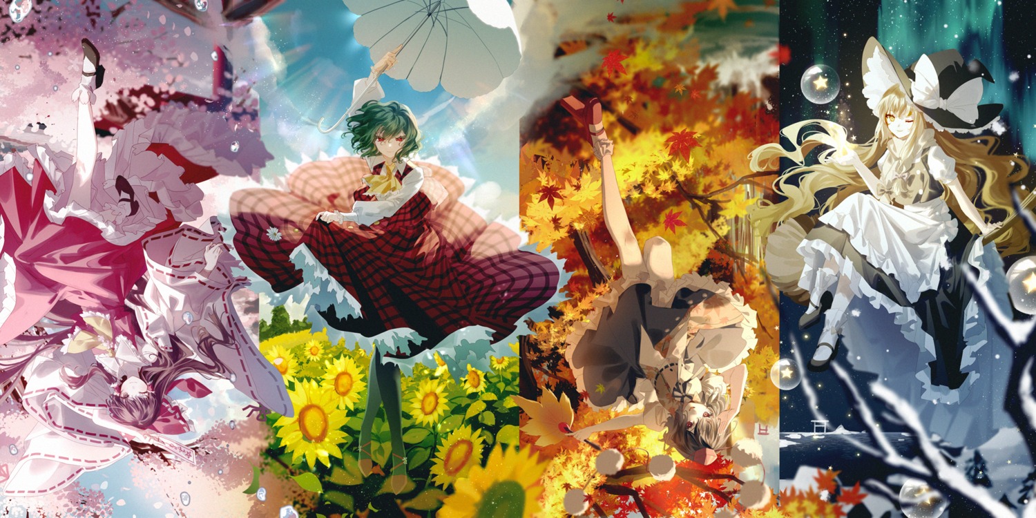 hakurei_reimu, heels, kazami_yuuka, kirisame_marisa, liita_(dusk_snow), miko, pantyhose, shameimaru_aya