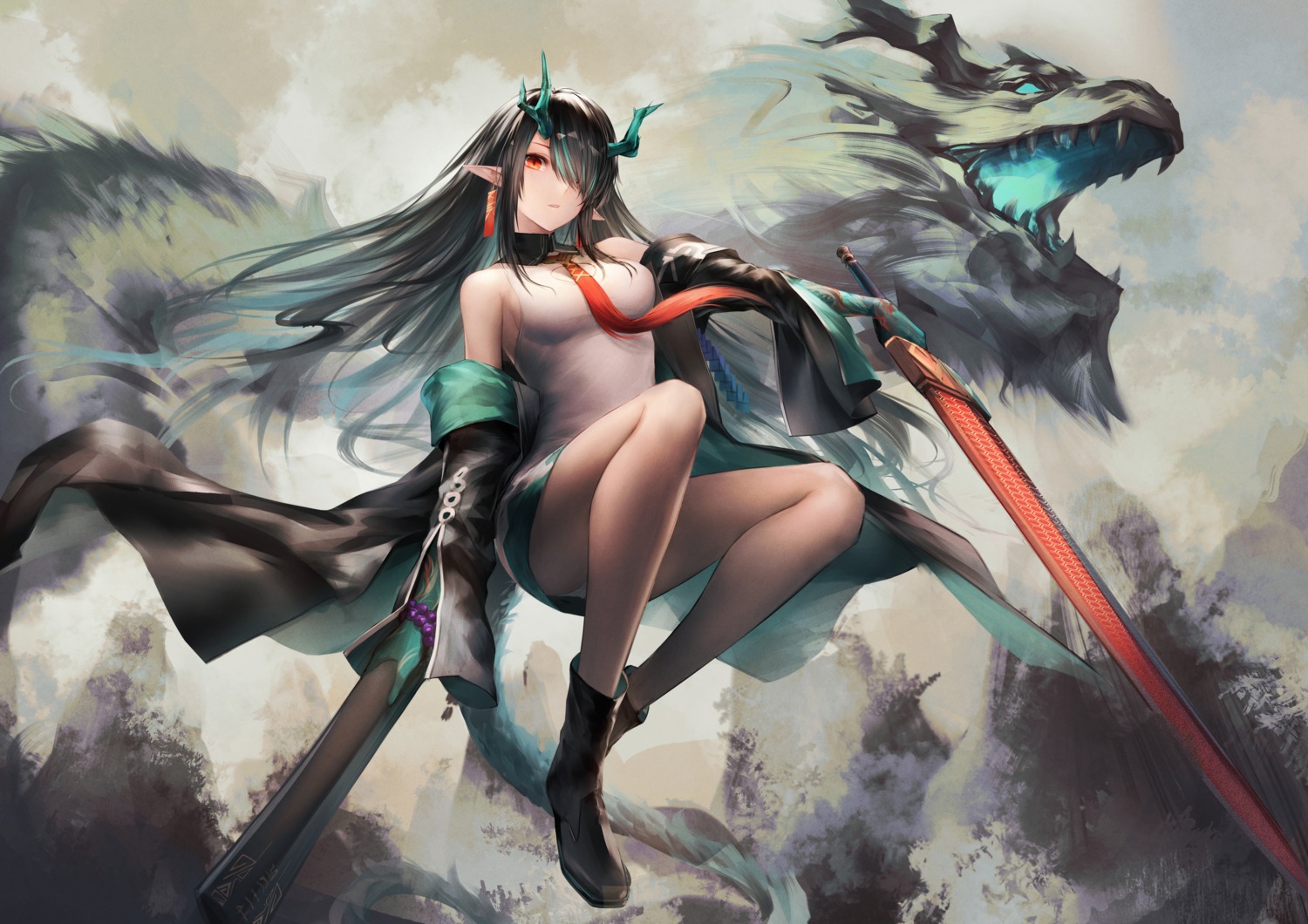 arknights, dusk_(arknights), horns, monster, no_bra, pantsu, pointy_ears, skirt_lift, sword, t800, tail