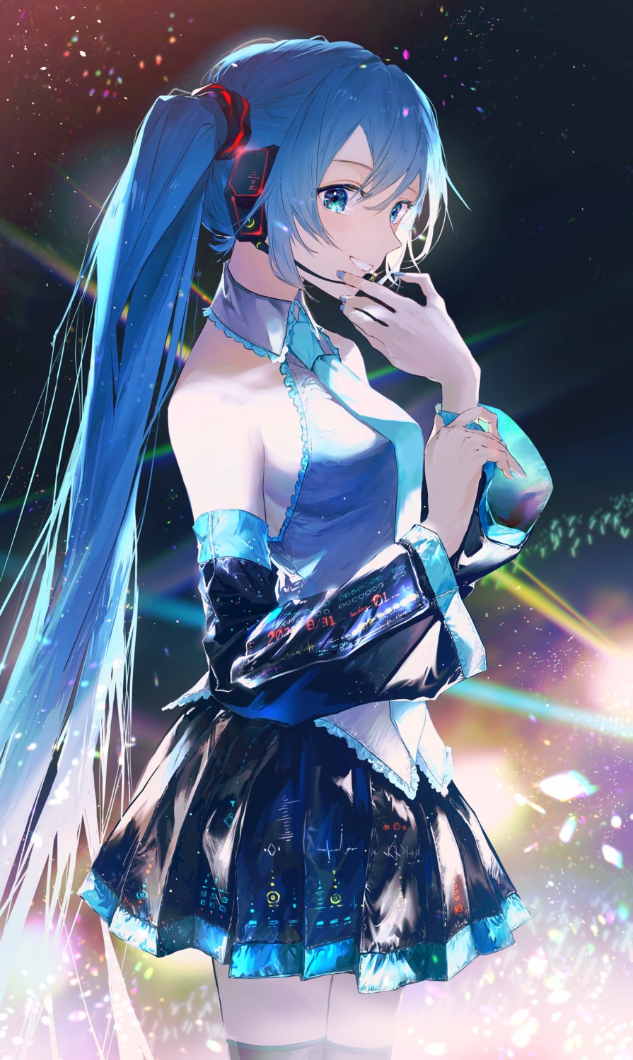 hatsune_miku, headphones, karanagare_4, no_bra, thighhighs, vocaloid