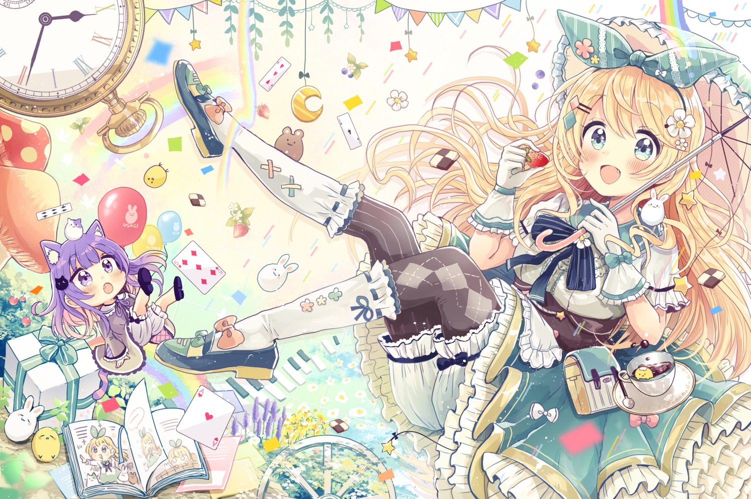 animal_ears, artist_revision, bloomers, chibi, nekomimi, pantyhose, sakura_oriko, skirt_lift