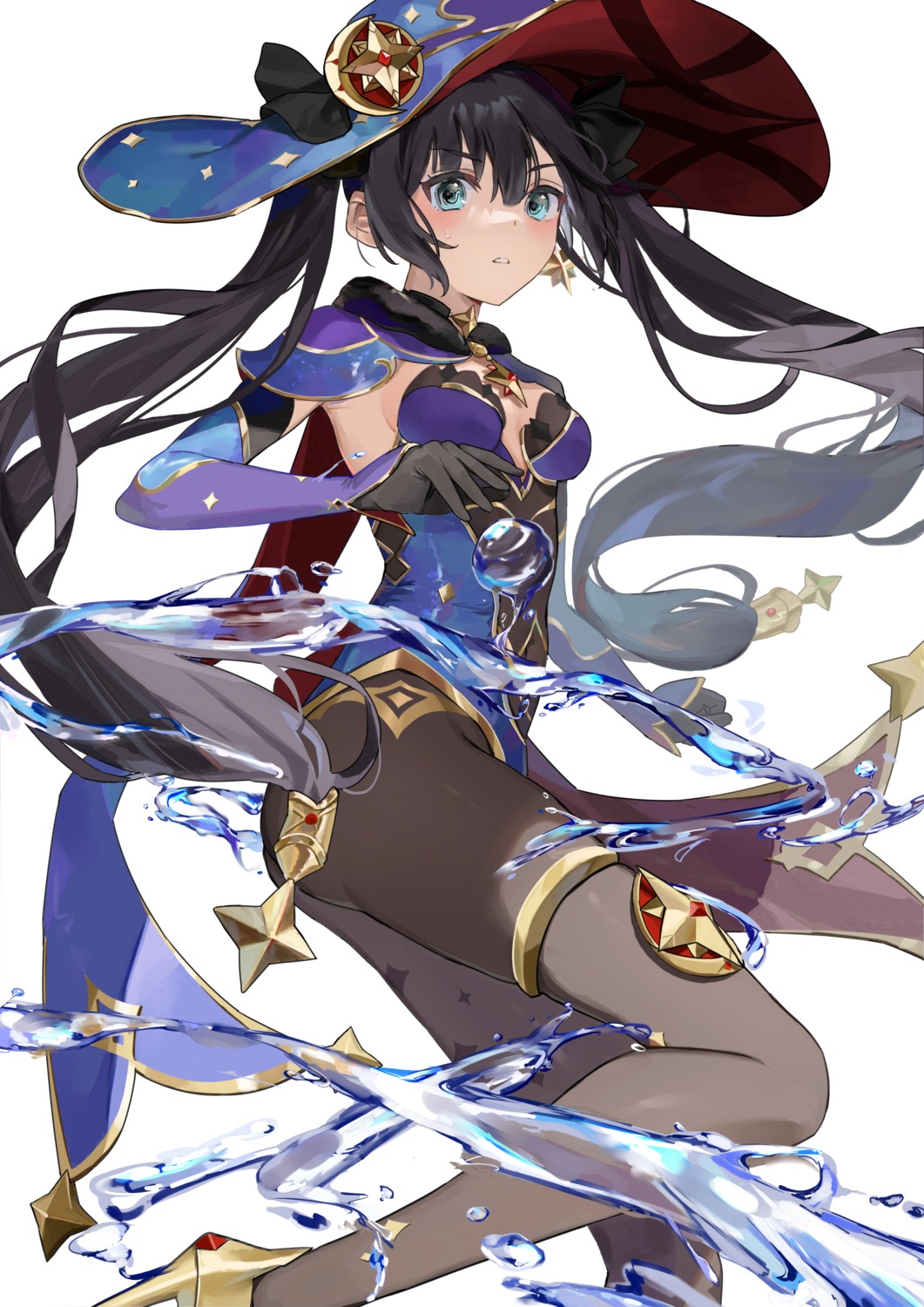 garter, genshin_impact, heels, leotard, mikanoisi, mona_megistus, no_bra, pantyhose, witch