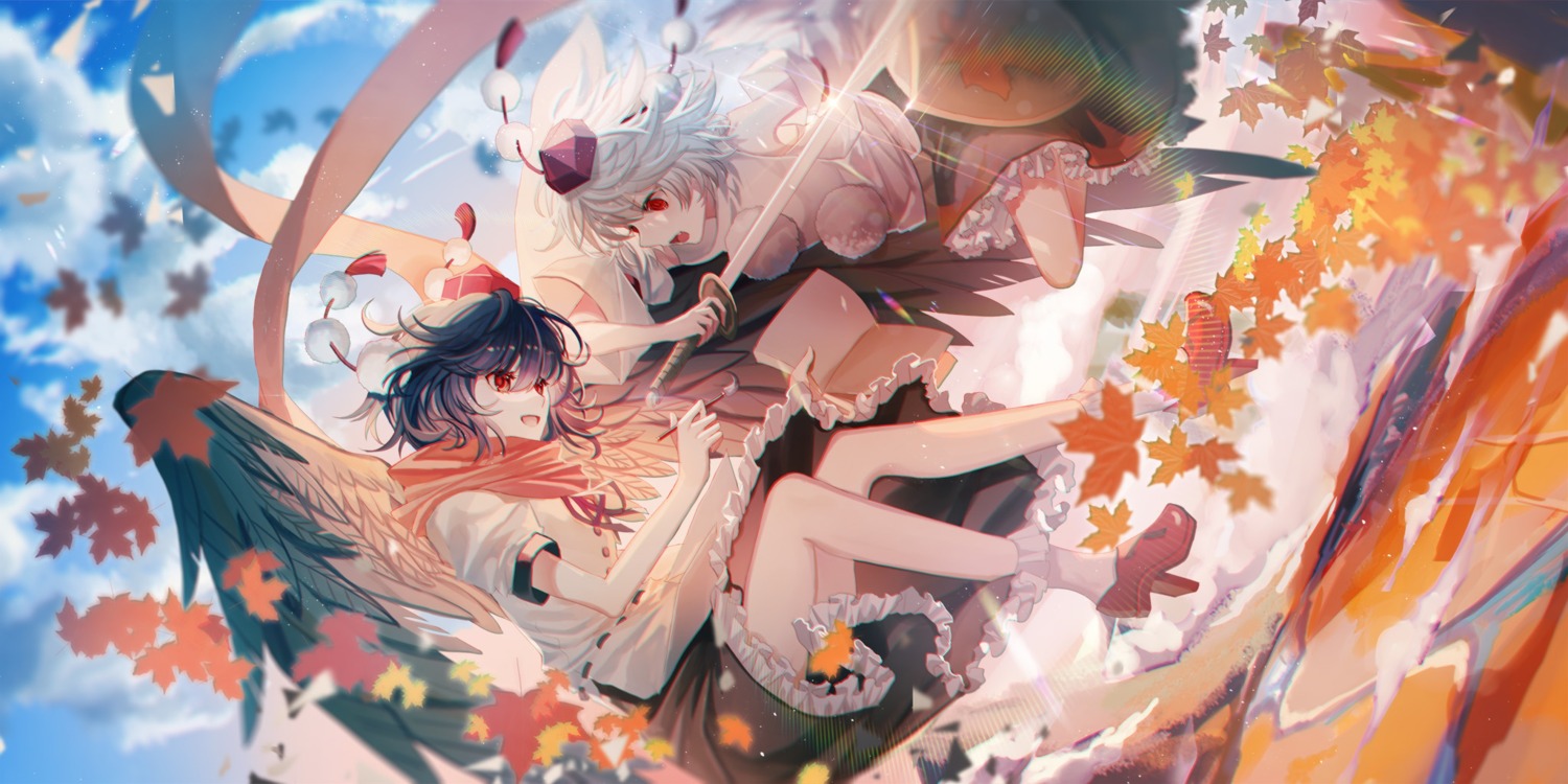 inubashiri_momiji, shameimaru_aya, skirt_lift, sword, touhou, wings, yasato