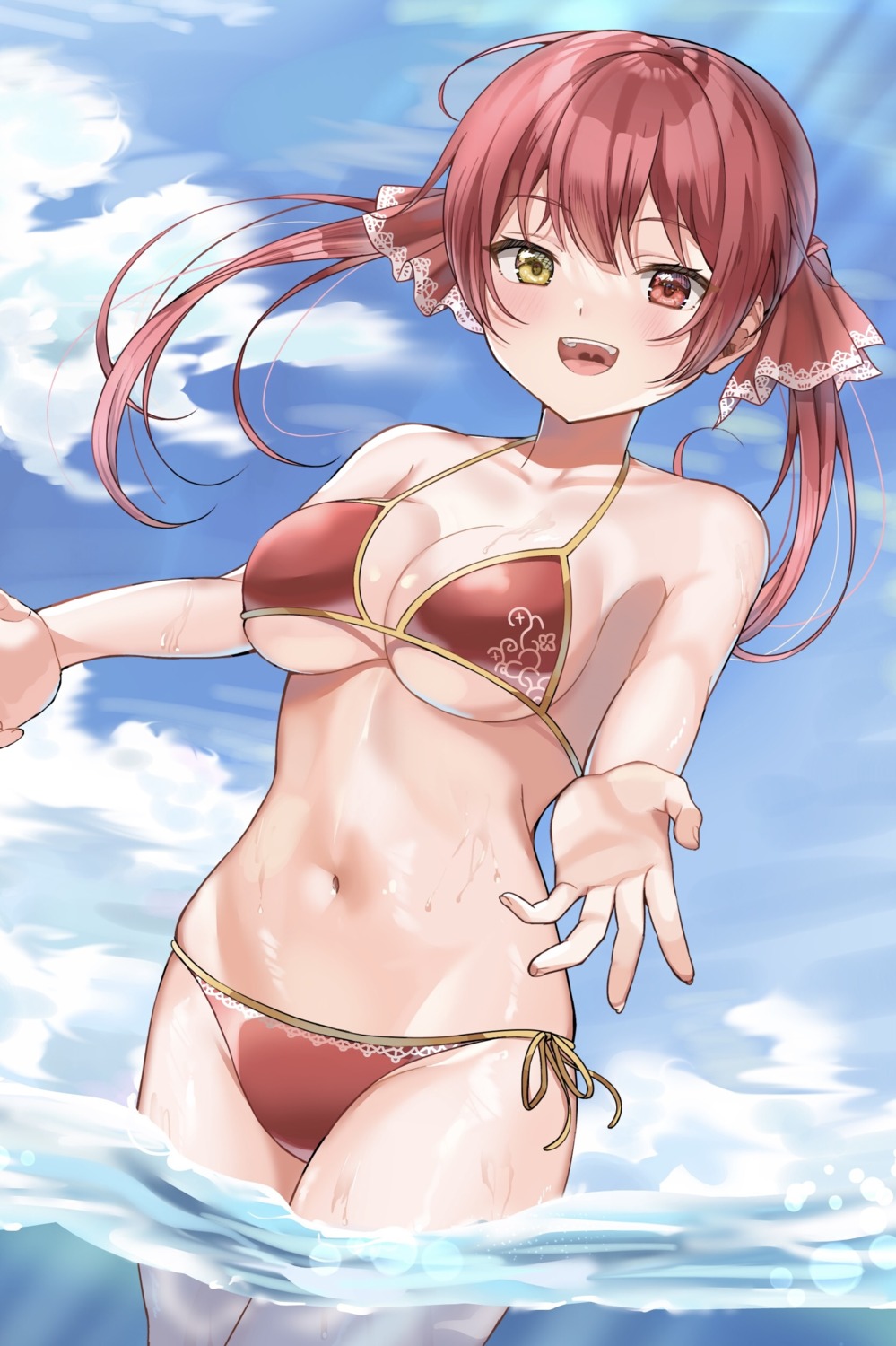 bikini, bochibochi_(gyuuniku_6000), heterochromia, hololive, houshou_marine, swimsuits, wet