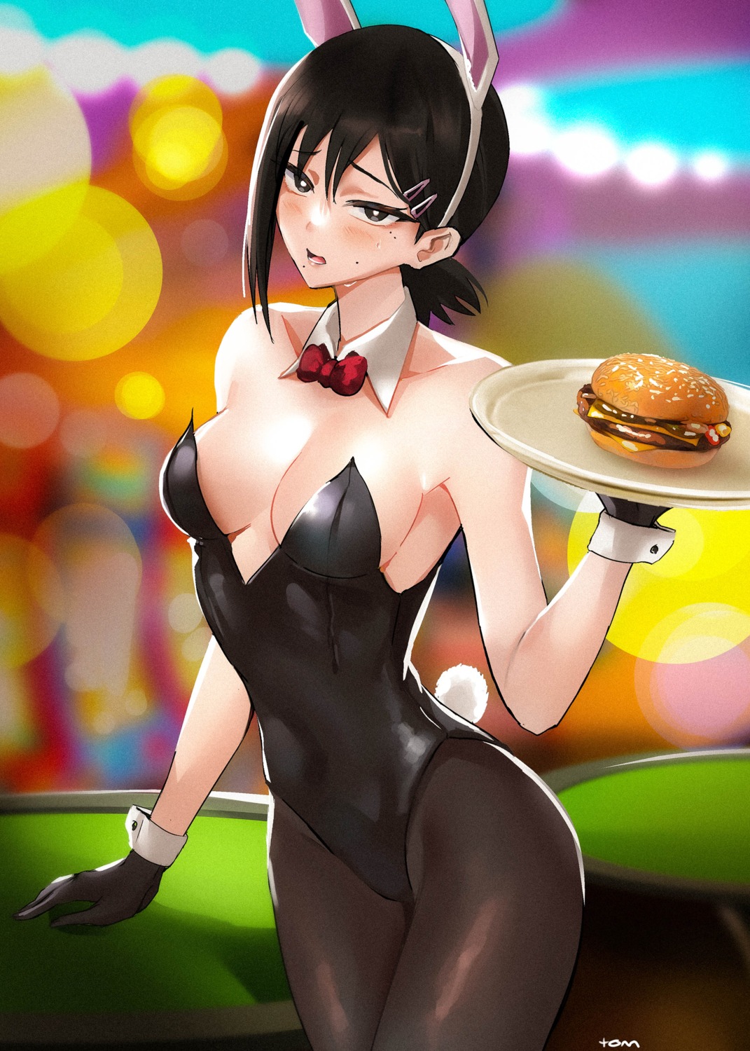 animal_ears, bunny_ears, bunny_girl, chainsaw_man, higashiyama_kobeni, no_bra, pantyhose, tail, tommy_(kingdukeee), waitress