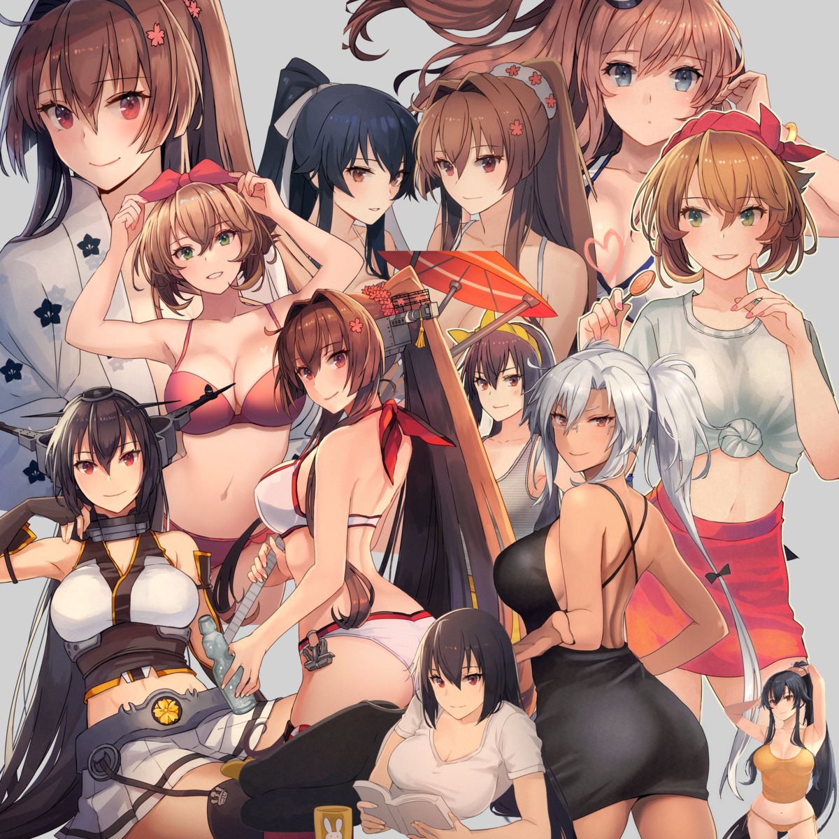 ass, bikini, cleavage, dress, japanese_clothes, kantai_collection, kasumi_(skchkko), megane, musashi_(kancolle), mutsu_(kancolle), nagato_(kancolle), no_bra, saratoga_(kancolle), shirt_lift, stockings, swimsuits, thighhighs, yahagi_(kancolle), yamato_(kancolle), yukata