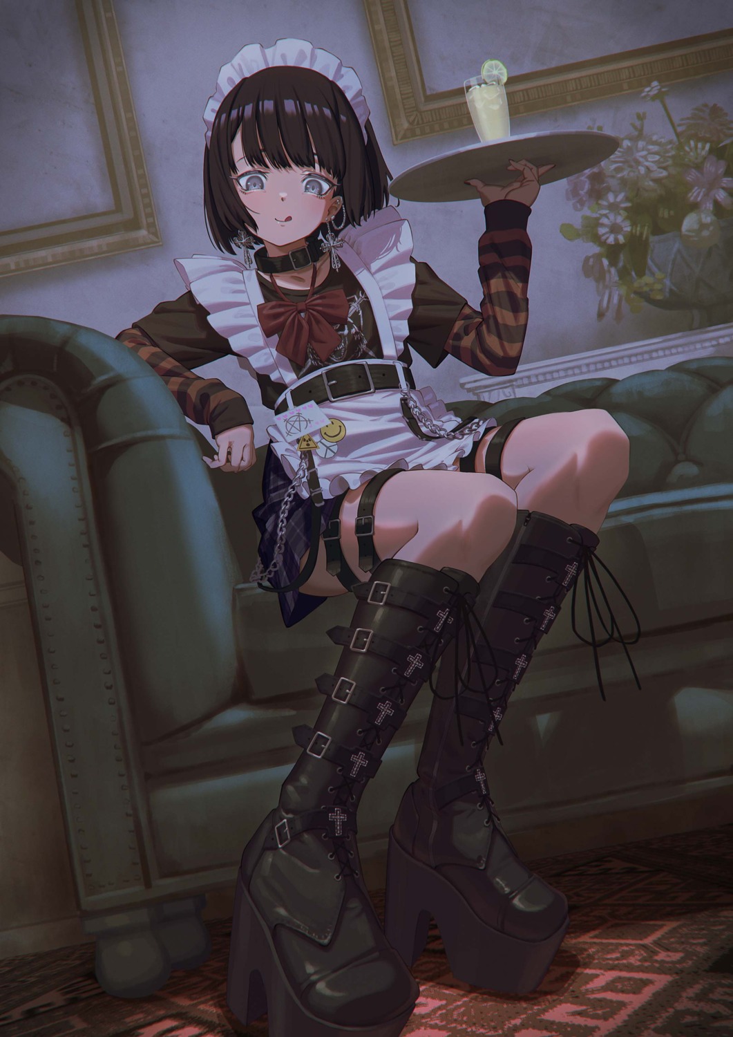 garter, heels, hironii_(hirofactory), maid, skirt_lift