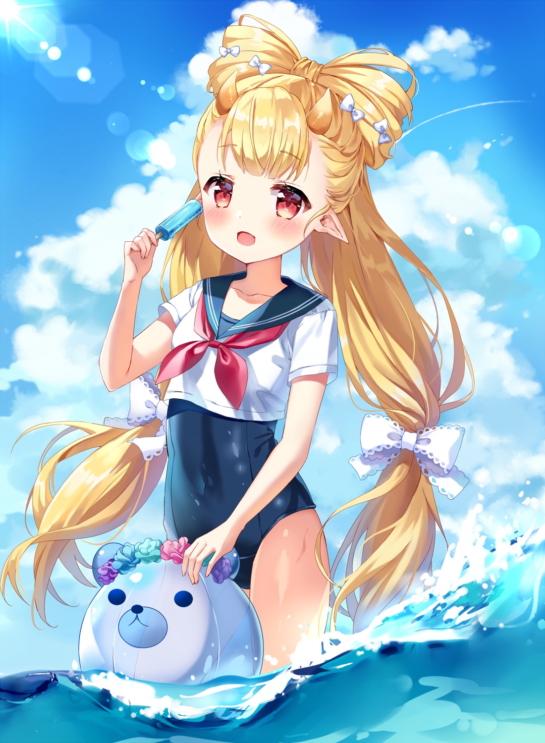 horns, mayo_(miyusa), pointy_ears, school_swimsuit, seifuku, swimsuits, unleashed, wet