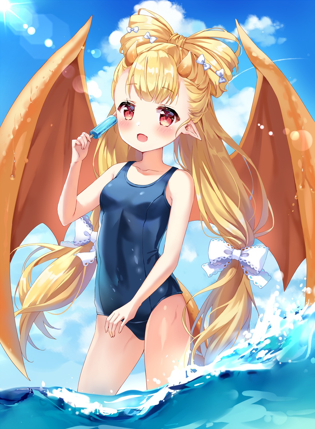 horns, mayo_(miyusa), pointy_ears, school_swimsuit, swimsuits, tail, unleashed, wet, wings