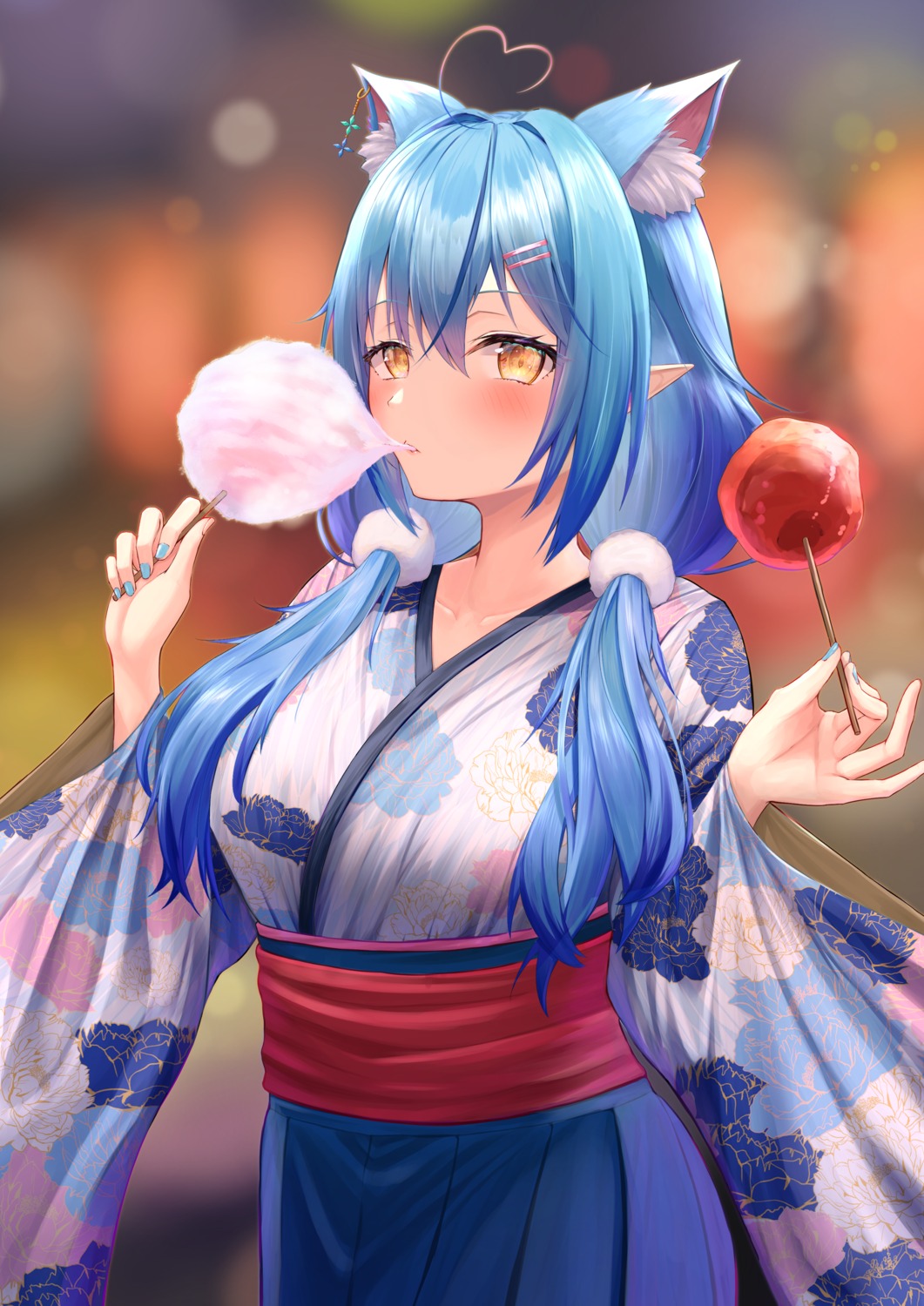 animal_ears, elf, hololive, japanese_clothes, nekomimi, pointy_ears, suiran_(liquiddoes), yukihana_lamy