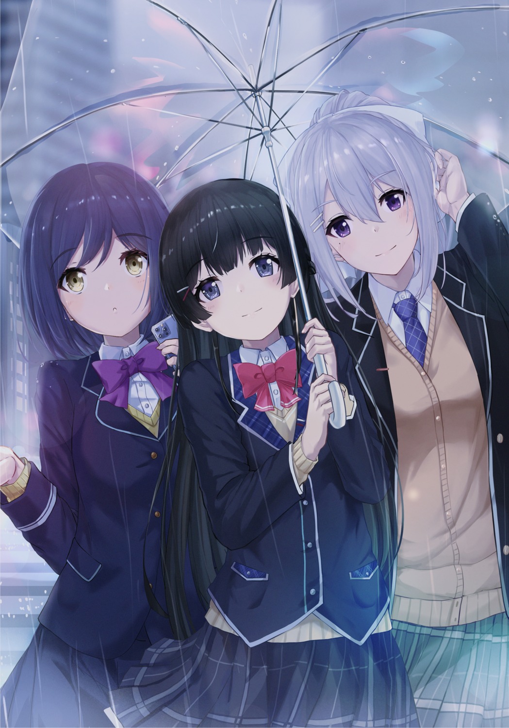 aka_(440626), higuchi_kaede, nijisanji, seifuku, shizuka_rin, skirt_lift, sweater, tsukino_mito