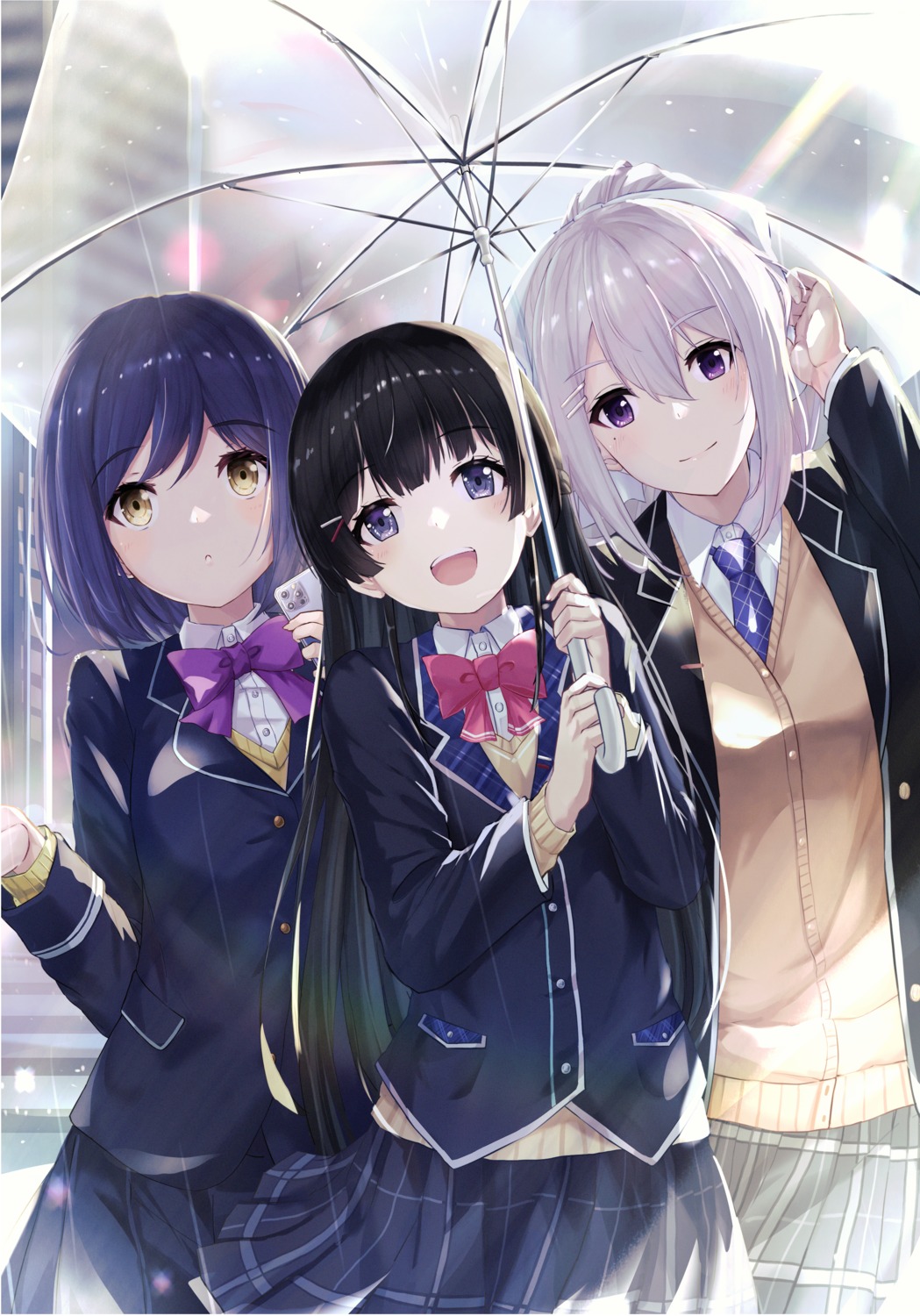 aka_(440626), higuchi_kaede, nijisanji, seifuku, shizuka_rin, skirt_lift, sweater, tsukino_mito