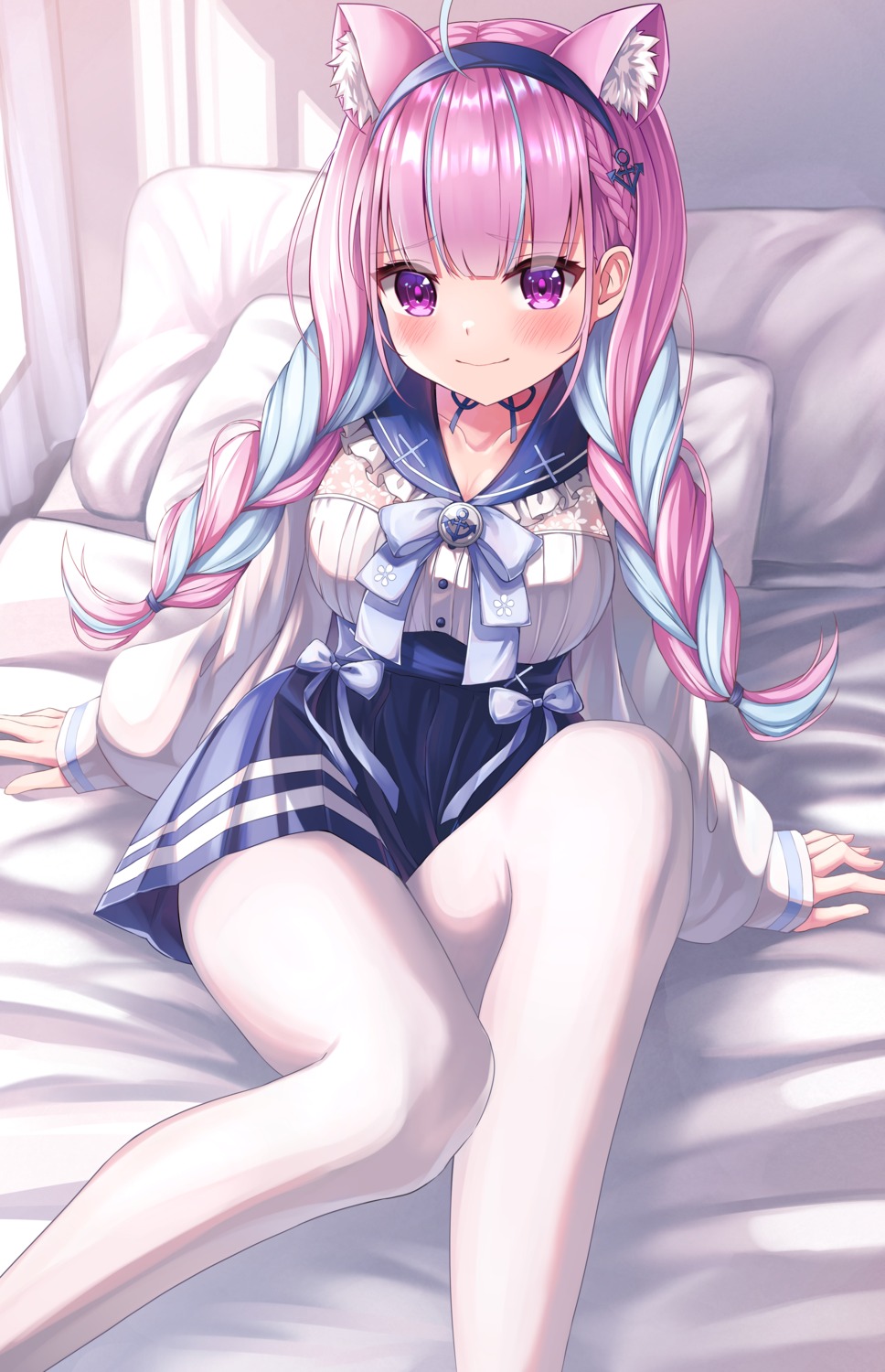 animal_ears, hololive, karashi_(asarikarasi), minato_aqua, nekomimi, pantyhose, seifuku