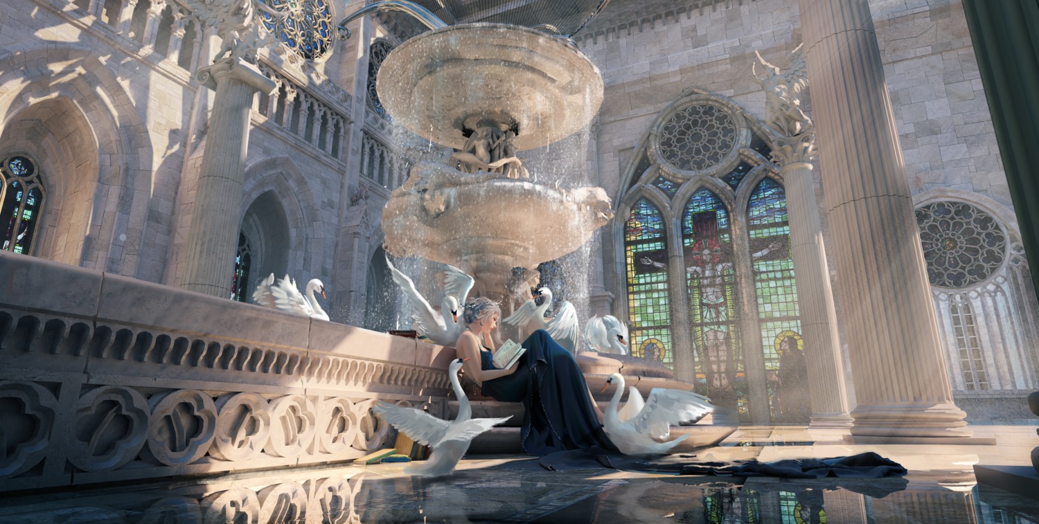 dress, landscape, no_bra, pointy_ears, wlop, yan_haiqin