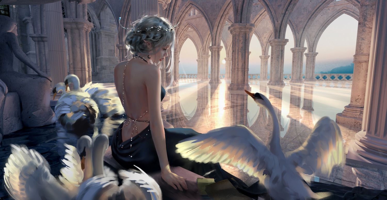 dress, landscape, no_bra, pointy_ears, wlop, yan_haiqin