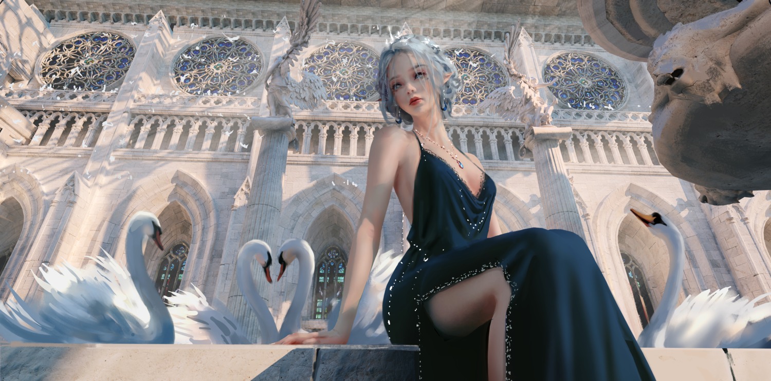 dress, landscape, no_bra, pointy_ears, wlop, yan_haiqin