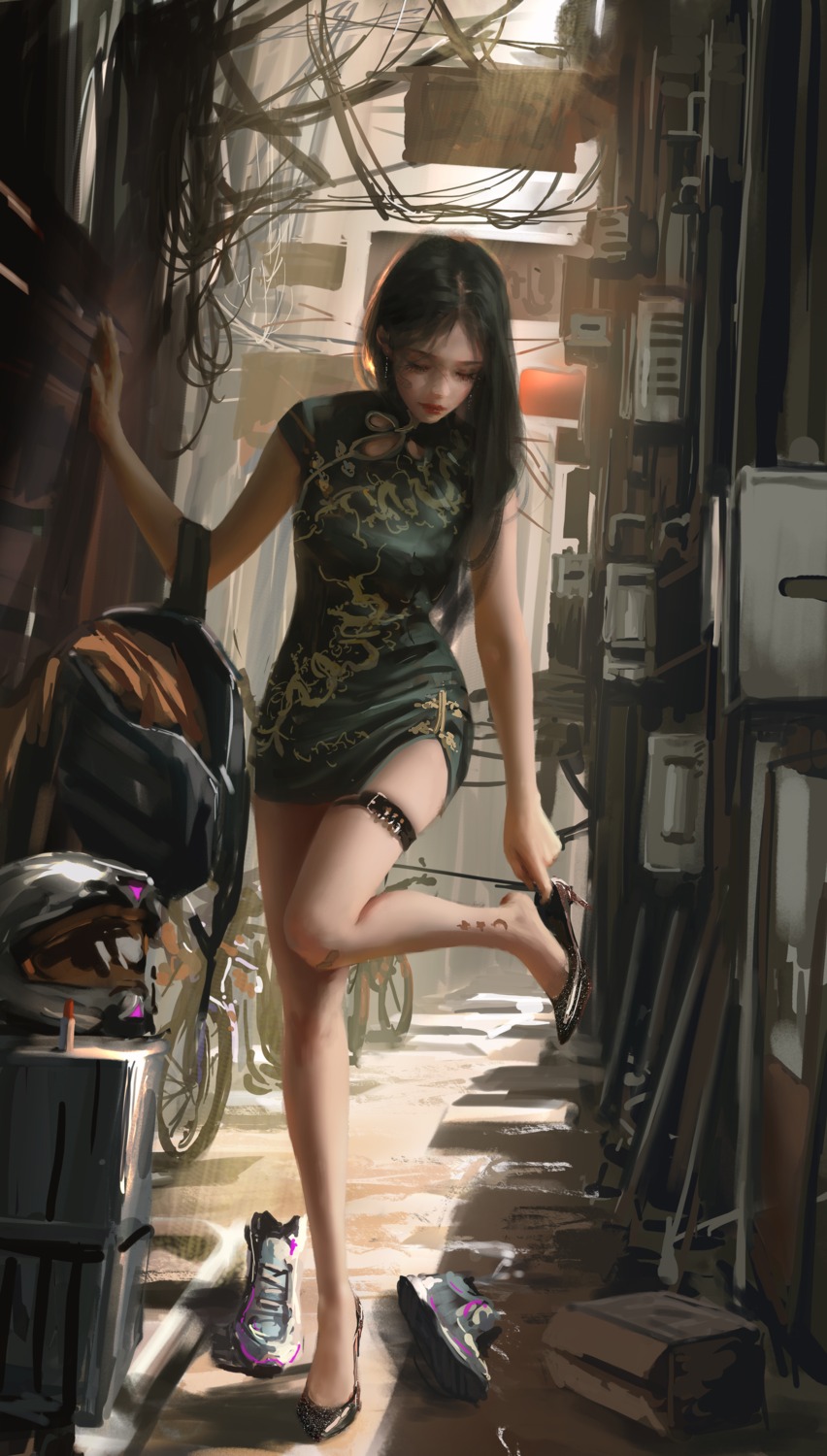 chinadress, garter, heels, tattoo, undressing, wlop