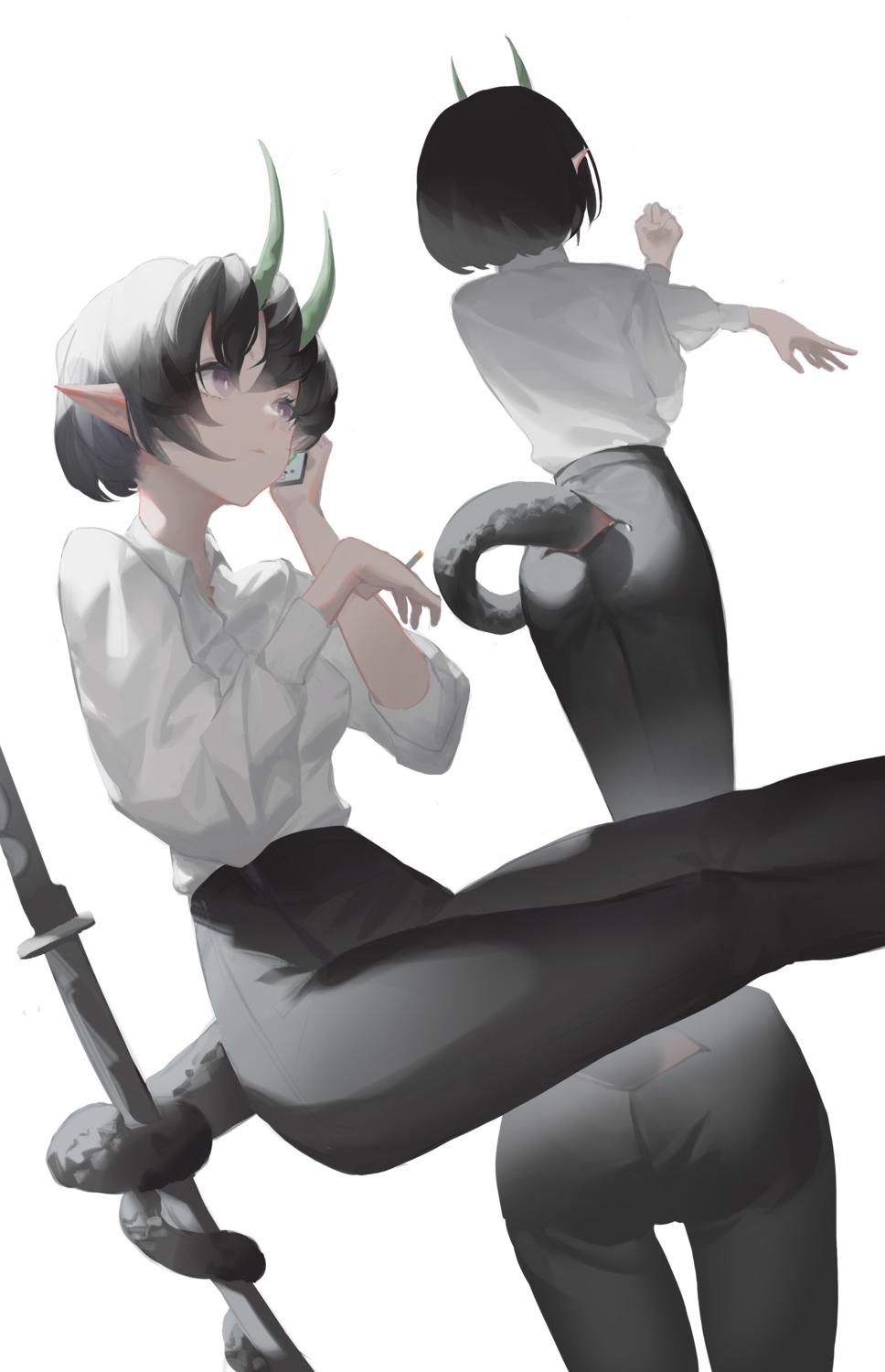 anhao1224, ass, dress_shirt, horns, pointy_ears, smoking, sword, tail