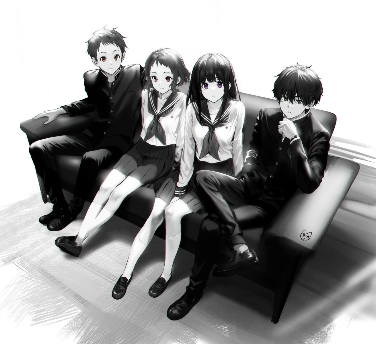 chitanda_eru, fukube_satoshi, hyouka, ibara_mayaka, mery_(yangmalgage), monochrome, oreki_houtarou, seifuku