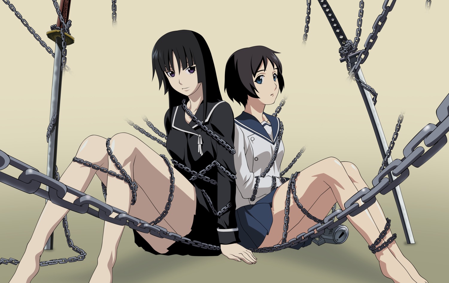 ga-rei_zero, isayama_yomi, seifuku, sword, tsuchimiya_kagura, vector_trace
