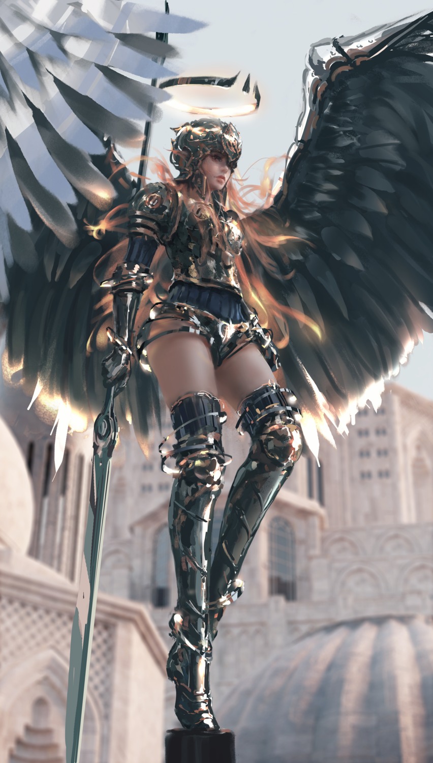 angel, armor, thighhighs, weapon, wings, wlop