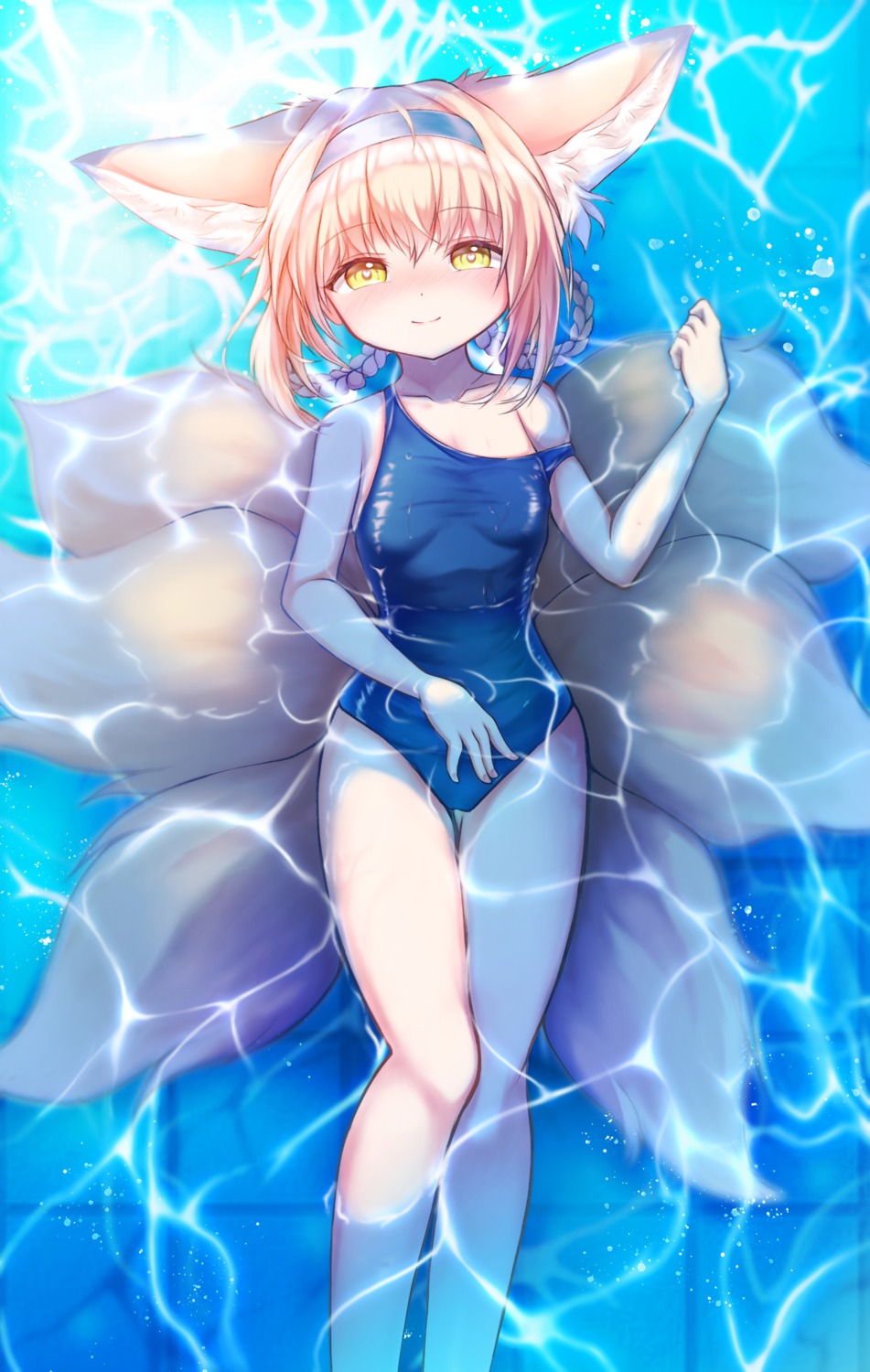 animal_ears, arknights, kitsune, meul, suzuran_(arknights), swimsuits, tail, wet