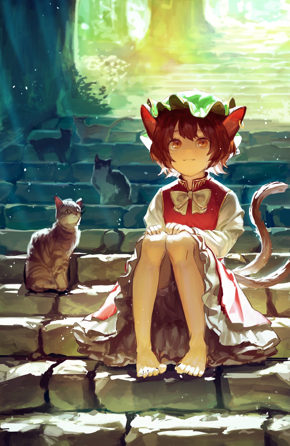 animal_ears, bloomers, chen, feet, motsuba, neko, nekomimi, skirt_lift, tail, touhou