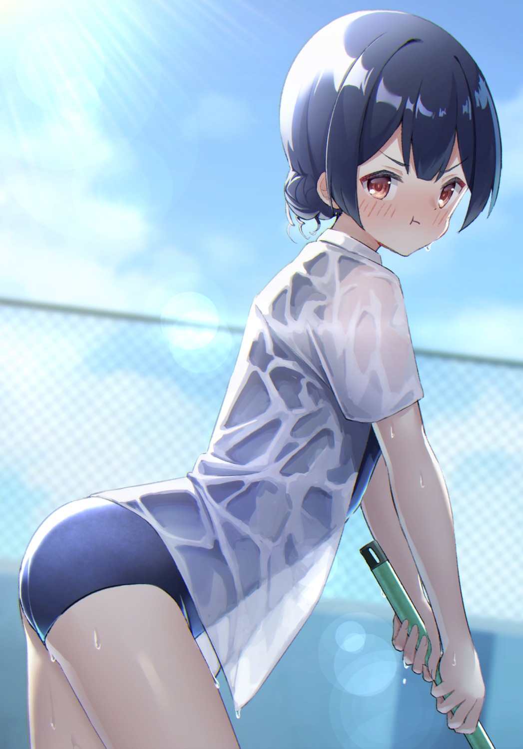 ass, matsushika, morino_rinze, open_shirt, school_swimsuit, see_through, seifuku, swimsuits