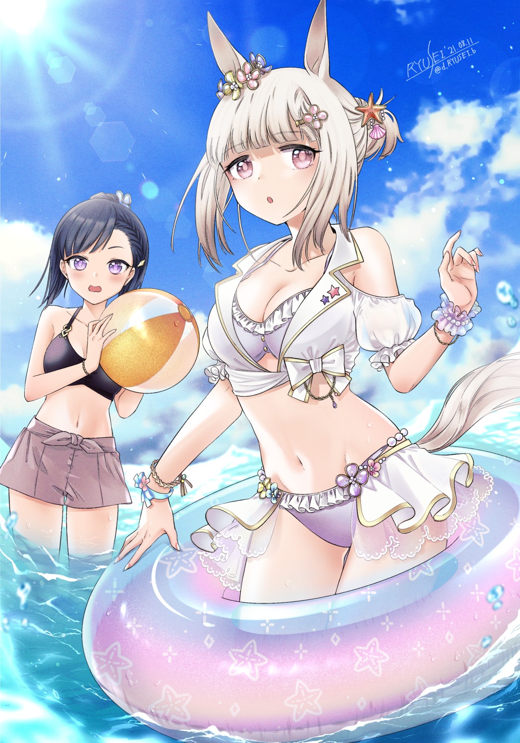 animal_ears, bikini, cleavage, happy_meek_(umamusume), kiryuuin_aoi, open_shirt, ryusei, see_through