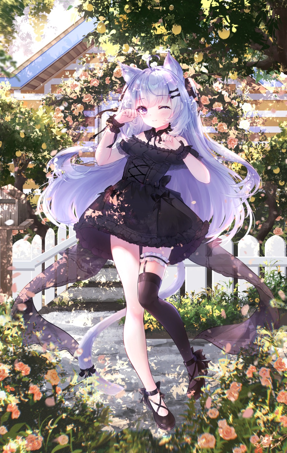 animal_ears, dress, garter, gothic_lolita, hanajiang, lolita_fashion, nekomimi, skirt_lift