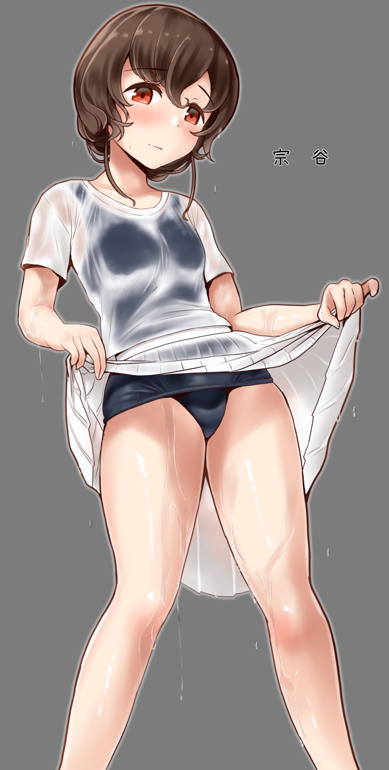 kantai_collection, minase_(takaoka_nanase), school_swimsuit, see_through, skirt_lift, souya_(kancolle), swimsuits, wet, wet_clothes