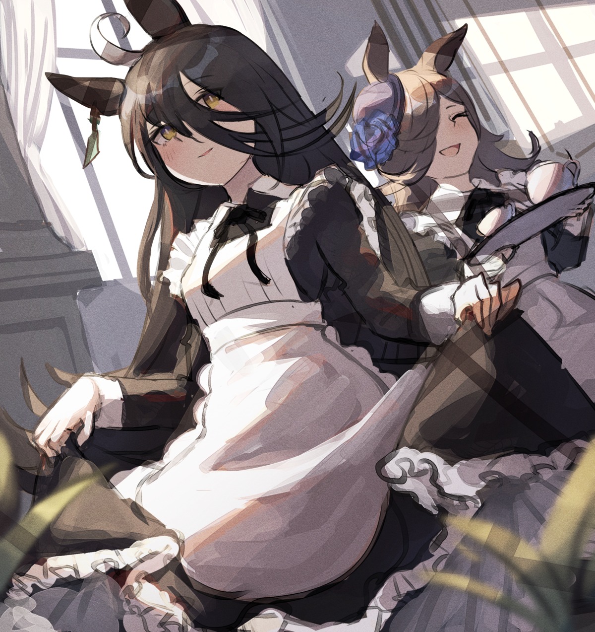 animal_ears, maid, manhattan_cafe_(umamusume), rice_shower_(umamusume), siena_(moratoriummaga), sketch, skirt_lift, uma_musume_pretty_derby