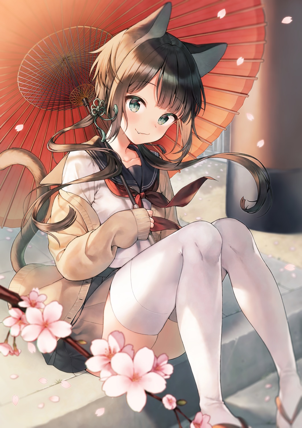 animal_ears, midorikawa_you, nekomimi, seifuku, skirt_lift, sweater, tail, thighhighs