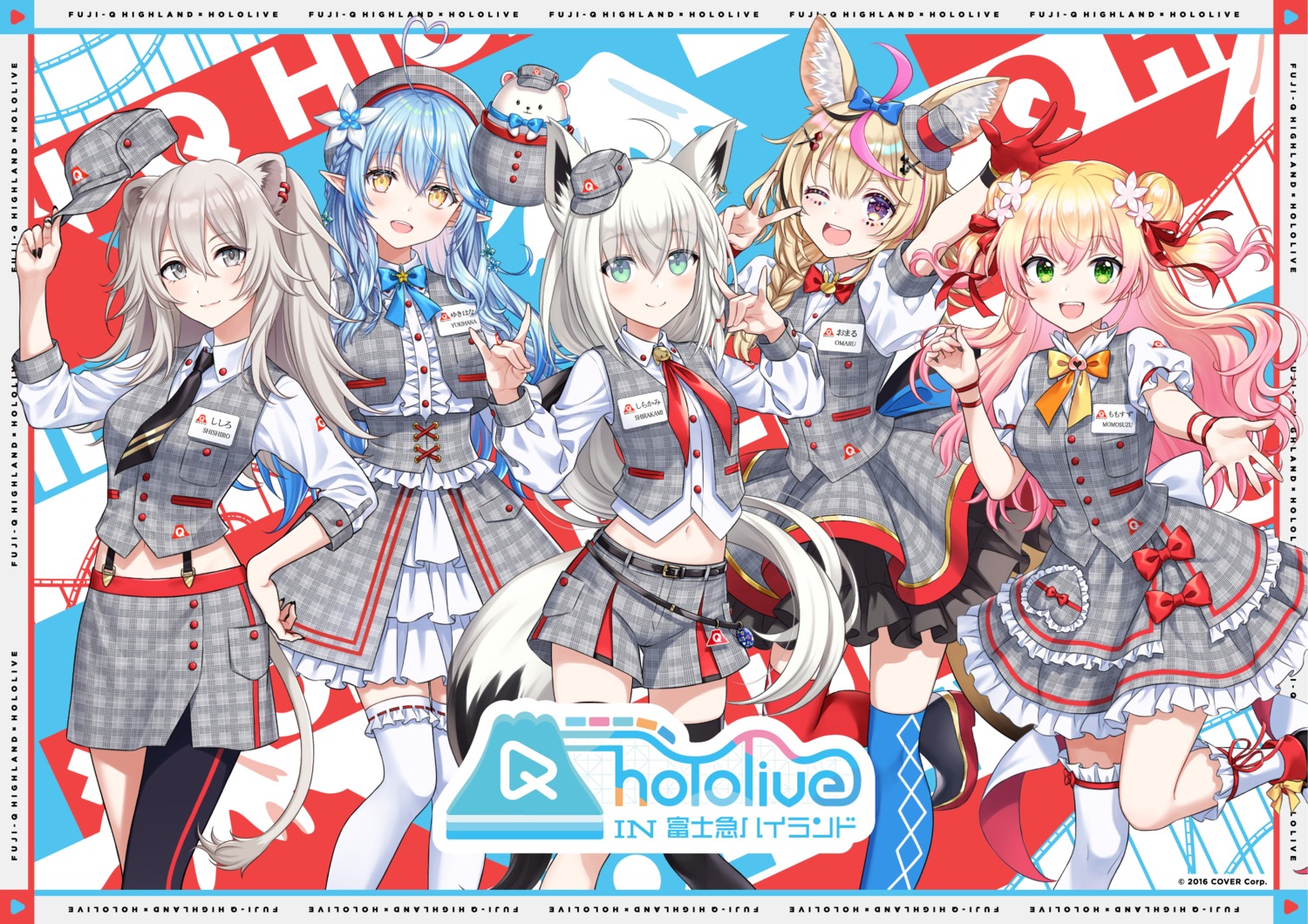 animal_ears, elf, fuji-q_highland, hololive, hololive_gamers, kitsune, momosuzu_nene, omaru_polka, pointy_ears, shirakami_fubuki, shishiro_botan, tagme, tail, thighhighs, uniform, yukihana_lamy