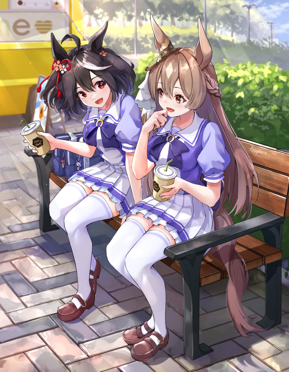 animal_ears, kitasan_black_(umamusume), satono_diamond_(umamusume), seifuku, tail, thighhighs, trapiorra, uma_musume_pretty_derby