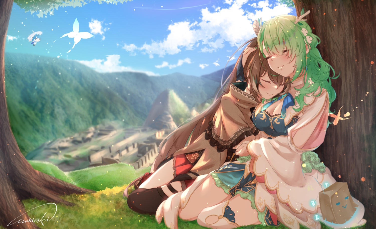 ceres_fauna, cleavage, hololive, hololive_english, horns, landscape, nanashi_mumei, purple_(jobseeking)