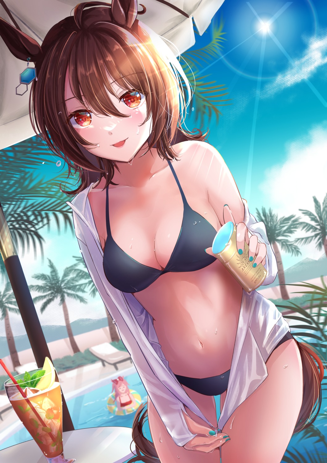 agnes_tachyon_(umamusume), animal_ears, bikini, chizoku_sawa, open_shirt, see_through, swimsuits, tail, uma_musume_pretty_derby, wet_clothes